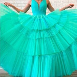 Ashley Lauren 1749 Aqua Green Ball Gown Tulle Tiered Prom Bridal Dress Maxi 12